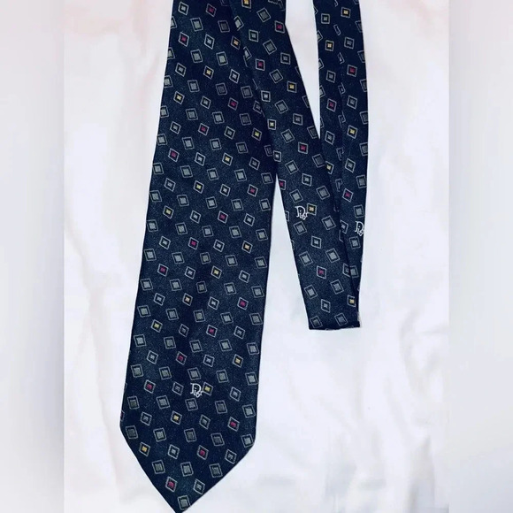 CHRISTIAN DIOR MONSIEUR VINTAGE BLUE DECO TIE POLYESTER/SILK BLEND - Picture 5 of 8